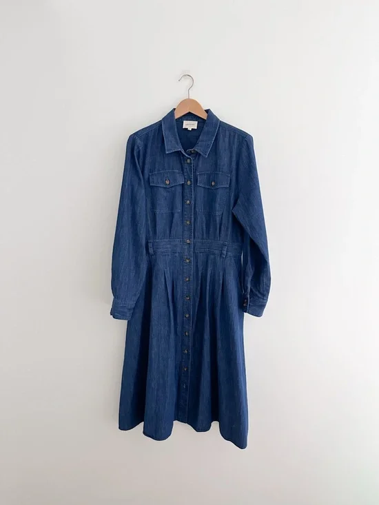 Sezane Gwen Denim Dress Organic Cotton Button Front Midi French Girl Classic 12 - Picture 2 of 11